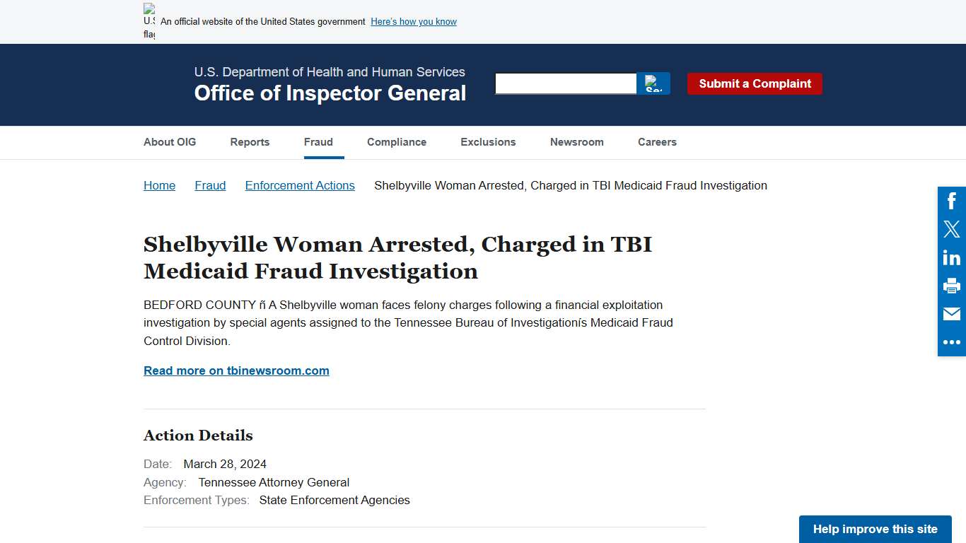 Shelbyville Woman Arrested, Charged in TBI Medicaid Fraud Investigation Office of Inspector General Government Oversight U.S. Department of Health and Human Services